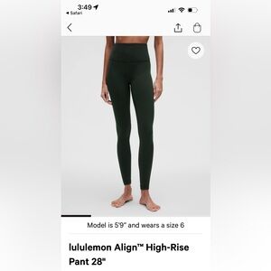 lululemon athletica Align High-Rise Pant 28" - Dark Green, Size 10 NWT